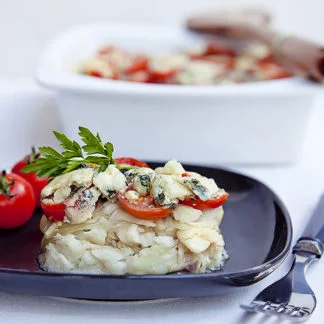 Gratin de cabillaud aux tomates cerises et Roquefort Société