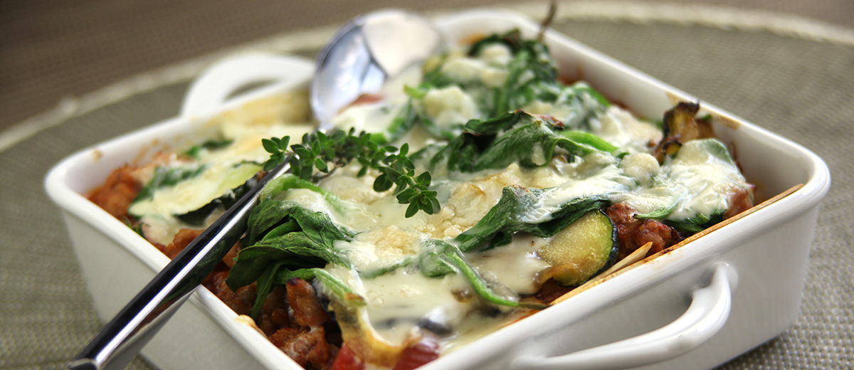Lasagnes de veau aux légumes confits et à la Sauce au Roquefort Société
