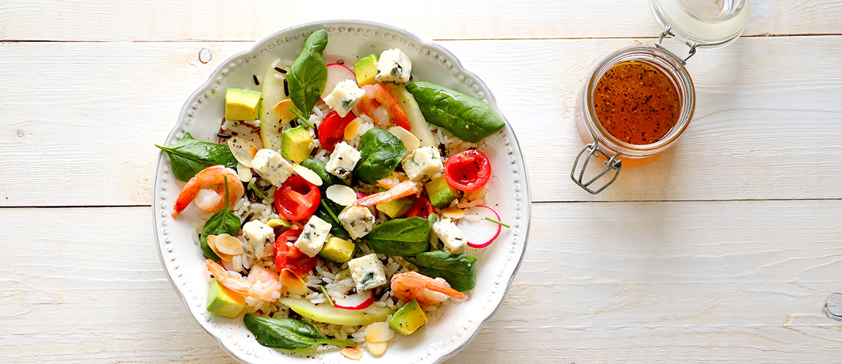 Salade de riz sauvage au melon, crevettes et Roquefort Société