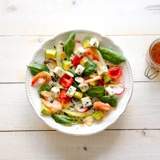 Salade de riz sauvage au melon, crevettes et Roquefort Société